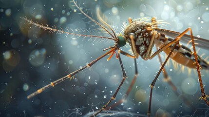 A macro photo of a mosquito, showcasing the intricate details of its proboscis and the feathery plumes on its antennae.