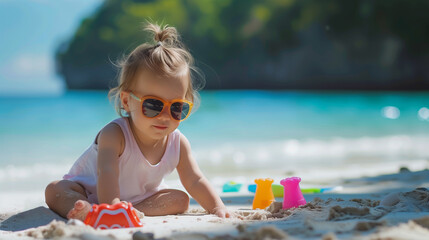 Little girl wearing sunglasses on sandy beach, tropical sea