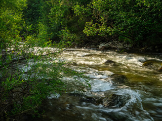 Naklejka na ściany i meble fast wild river with mountains in background in summer