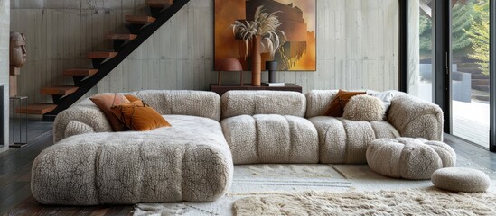 A close up of a couch with pillows on a rug in a room