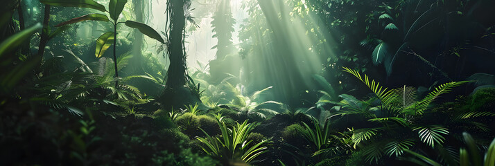 Dark rainforest, sun rays through the trees, rich jungle greenery. Atmospheric fantasy forest. 3D illustration.