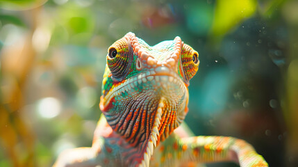 Close up of a vibrant chameleon in a reptile store. its unique face with colorful scales and eyes