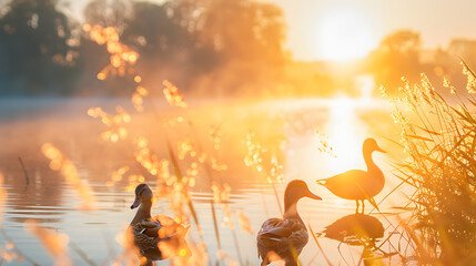 Dazzling blurred backdrop of a summer landscape on the riverbank with reeds and ducks. sunrise sky.