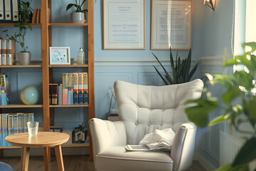 Softly Lit, Inviting Psychotherapy Office Promoting Healing and Understanding