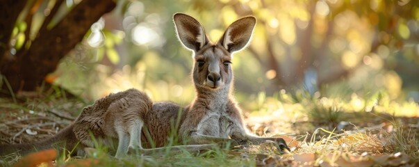 A kangaroo resting under the shade of a eucalyptus tree.