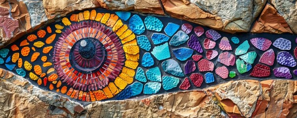 Close-up of colorful Aboriginal art on a rock wall in the Outback.