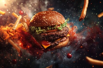 delicious burger floating in the air, Exploding burger Generative AI