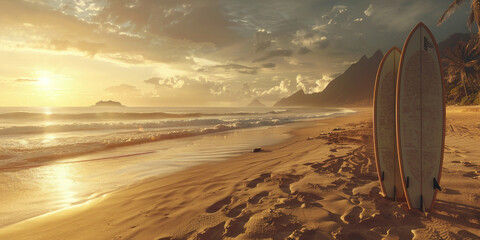 Colorful surfboards on sandy beach at sunset with ocean waves and mountain silhouettes in background, serene and vibrant scenery
