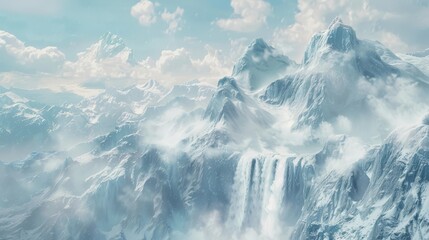 A majestic mountain landscape rendered in soft watercolors, with wispy clouds and a cascading waterfall.
