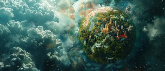Obraz na płótnie Canvas A digital painting of a fantasy world with a city on a floating island in the sky.
