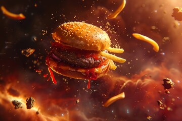 delicious burger floating in the air, Exploding burger Generative AI