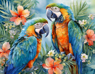 Fototapeta premium watercolor blue orange macaw parrots background tropical forest backdrop