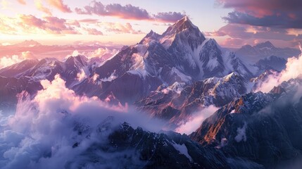 A breathtaking vista of snow-capped peaks piercing the clouds, with rugged cliffs and alpine...
