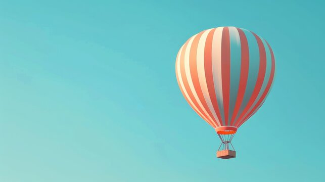 A minimalist composition of a hot air balloon rendered with basic shapes and contrasting colors, floating in a clear blue sky.