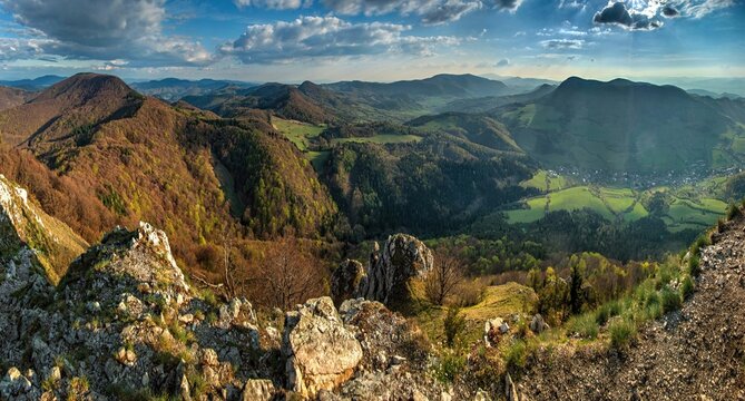View from the top of The Vapec hill in The Strazov Mountains in northwestern Slovakia at spring, Europe. Strazov Mountains in Slovak republic. Seasonal natural scene.