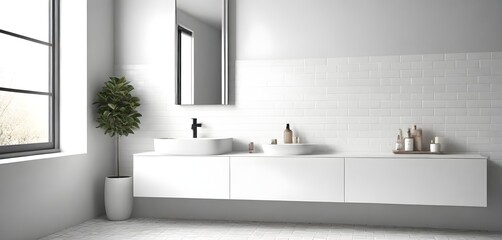 A modern, minimalist bathroom interior with a white tiled floor, a white vanity, and a blurred window in the background providing natural light