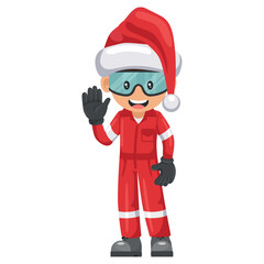 Industrial mechanical worker with Santa Claus hat saluting. Merry christmas. Express an idea in a presentation. Safety first. Industrial safety and occupational health at work