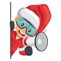 Industrial mechanical worker with Santa Claus hat peeking out from behind a wall making an announcement with a megaphone. Merry christmas. Concept of communication, notification and contact