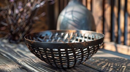 A bowl on table with vase background