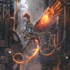 A cybernetic phoenix rising from the ashes of obsolescence, symbolizing the eternal renewal of technology and innovation. - obrazy, fototapety, plakaty