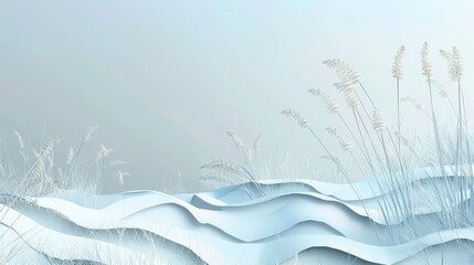 A papercut landscape depicting a gentle spring breeze blowing through a field of tall grass, creating ripples in the textured paper.