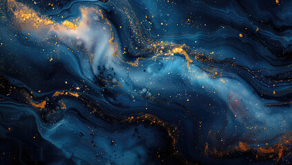 Dark blue and gold abstract background with swirls of liquid marble, glowing lights. Created with Ai