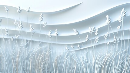 A papercut landscape depicting a gentle spring breeze blowing through a field of tall grass, creating ripples in the textured paper.