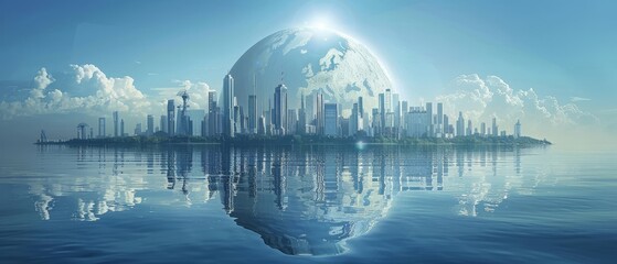 A beautiful digital painting of a futuristic city built on the surface of a vast body of water with a large glowing sphere in the sky. - obrazy, fototapety, plakaty