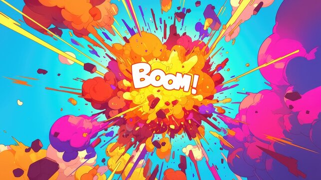 Imagine a vivid cartoon explosion scene popping with color and energy accompanied by the resounding sound effect BOOM