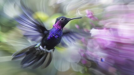 Naklejka premium Purple and black hummingbird flies amid purple flowers