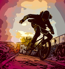 A BMX biker intensely maneuvers a trick at sunset in a vibrant skate park, with the backdrop of graffiti and silhouetted trees enhancing the urban atmosphere.