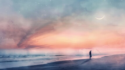 A minimalist watercolor painting of a lone figure walking along a deserted beach at sunset, with a crescent moon in the sky.  - obrazy, fototapety, plakaty