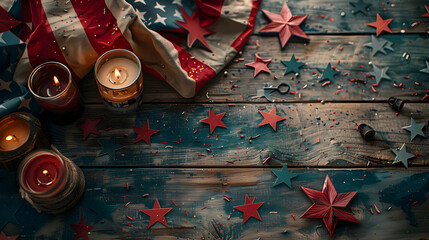 Rustic Charm in Patriotic Crafts: Hand-Carved Flag and Old-Fashioned Candles - obrazy, fototapety, plakaty