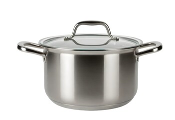 A stainless steel cooking pot with a glass lid