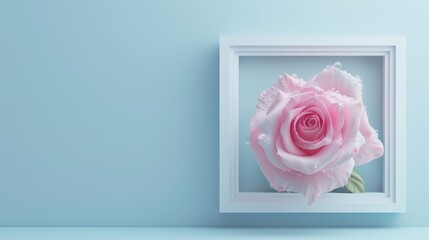 A minimalist white picture frame showcasing a single, perfectly bloomed rose with dewdrops clinging to its petals. 