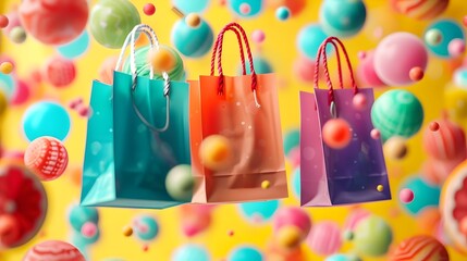 Vibrant Miniature Shopping Bags Overflowing, Cheerful Background, Hand Edited Generative AI