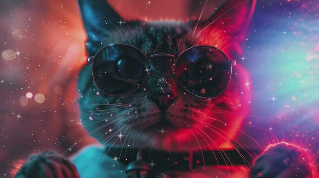 space cat is wearing glasses . seamless looping time-lapse virtual 4k video Animation Background.