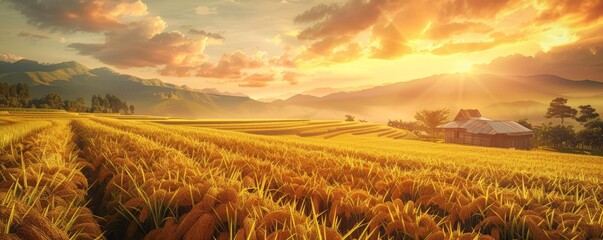 A panoramic papercut landscape showcasing a vast rice paddy field under a vibrant sunset, with a traditional farmhouse nestled amongst the golden stalks.