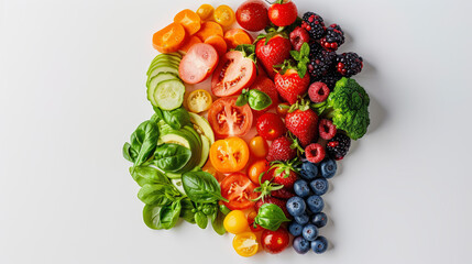Assorted fresh fruits and vegetables arranged in a heart shape on a white background, symbolizing healthy eating and lifestyle.