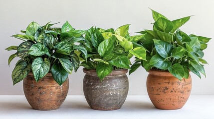 A variety of houseplants in terracotta pots against a white background