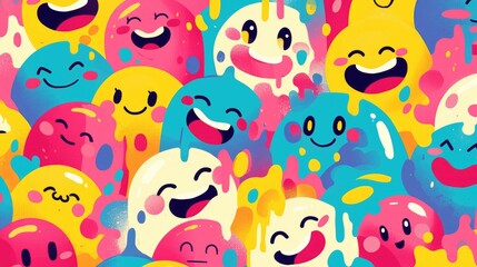 Vibrant and cheerful this playful pattern features a whimsical smiling face melting into a colorful cartoon backdrop evoking a retro psychedelic vibe reminiscent of smiley face icon - obrazy, fototapety, plakaty