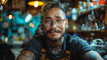 Obraz premium Smiling person with glasses, piercings, and tattoos in a workshop with tools and equipment blurred in the background.