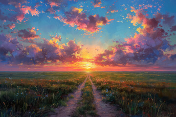 A beautiful oil painting of the Russian steppe at sunset, with dirt roads and green grass, blue sky with clouds. Created with AI