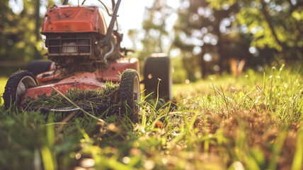 Close-up of an orange lawn mower on freshly cut grass with sunlight filtering through trees. Gardening and lawn care concept. Design for home improvement flyer, landscaping service brochure