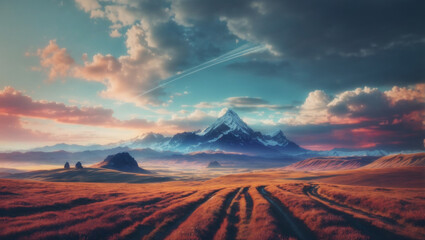 A mountain range at sunset with clouds lit up in red and orange hues - obrazy, fototapety, plakaty