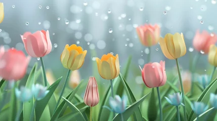 Zelfklevend Fotobehang A papercut landscape depicting a gentle spring rain shower over a field of tulips, each petal with a subtle sheen, droplets splashing on the paper ground.  © Eve Creative