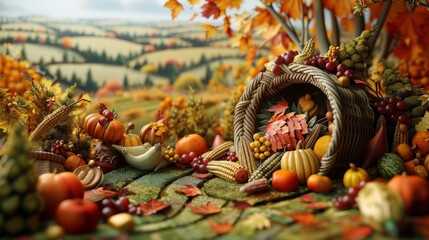 A papercut landscape depicting a harvest festival, a cornucopia overflowing with autumn fruits and vegetables, crafted from textured paper. 