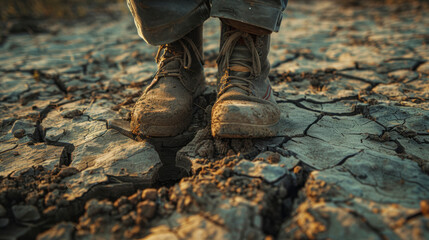 Person standing on dry, cracked earth wearing rugged boots, highlighting issues of drought and environmental degradation.