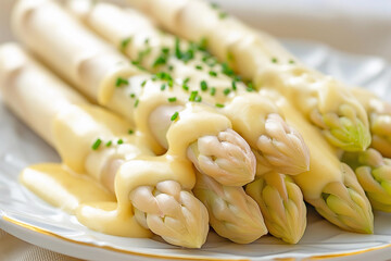 tasty white asparagus with creamy sauce hollandaise on a plate, closeup, delicious vegetarian dish