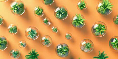 Variety of plants in glass spheres on vibrant orange background, 3D ing